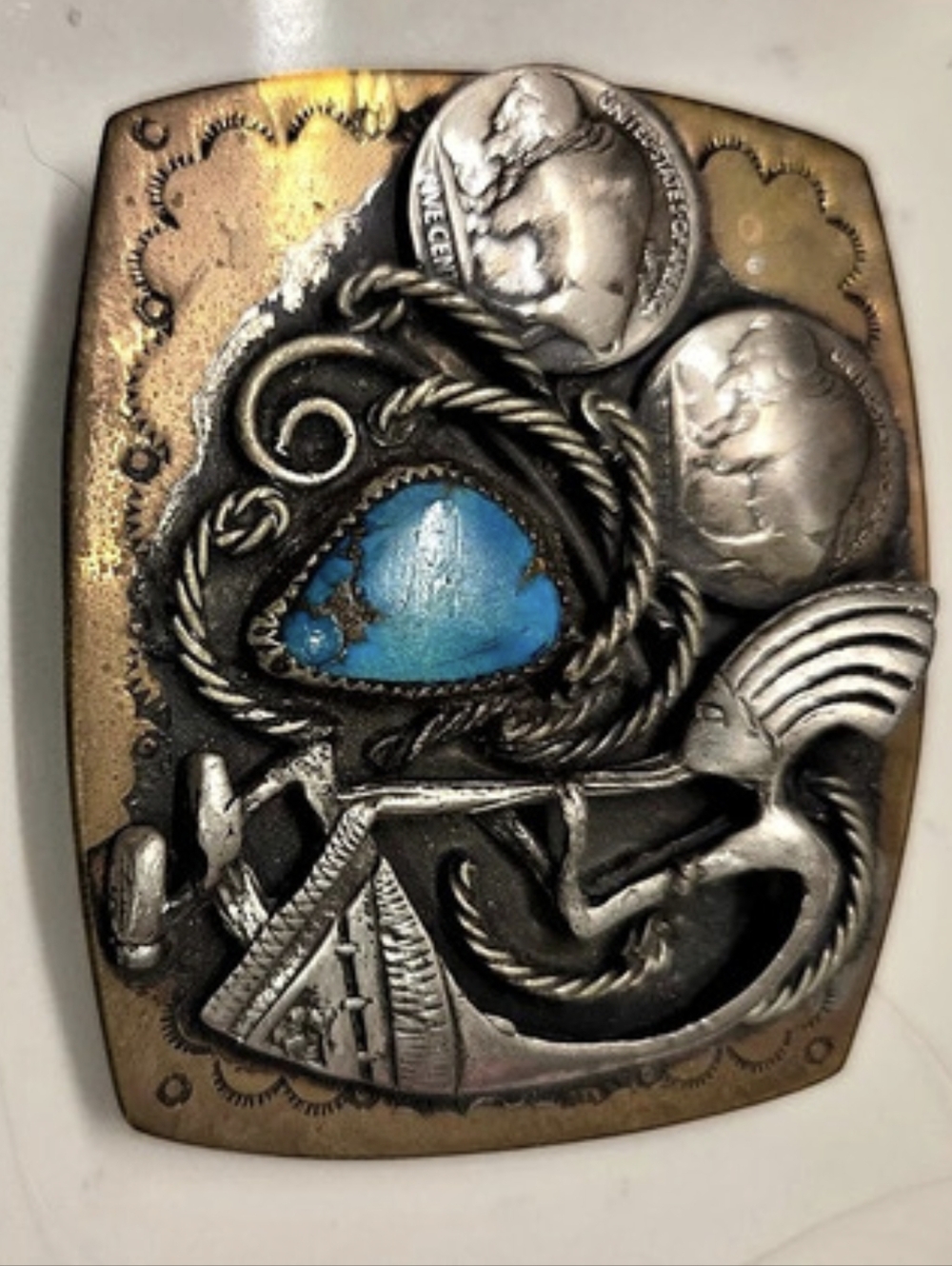 Vintage Turquoise Western Belt Buckle featuring Kokopelli and 2 historic coins.